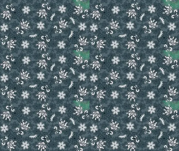 Raster deseni. Yumuşak, bahar çiçekleri yeşil ve mavi renklerde. Patlayan çiçekler soyut olarak yerleştirilmiş. Raster illüstrasyonu.