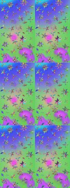 Klasik taslak çizimi. Çiçek yeşili ve menekşe eskiz deseni. Raster Yumuşak kumaş deseni. Raster çiçek izi..