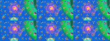 Tatil havası. Nazik romantik baskı. Raster güzel bir çiçek deseni çizmiş. Mavi ve yeşil renkli çiçekler. Bahar mevsimi.