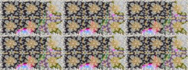 Hassas altın deseni açın. Raster. Gri renklerde, altın elementlerle kusursuz desen. Parlak dantel, stilize çiçekler, şal desenli. Kusursuz altın desenli bukleler. Doğu tarzı arabesk.