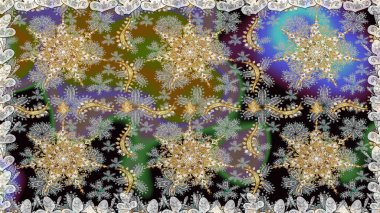 El yapımı dekoratif çerçeve, albüm kapağı, tebrik kartı, klasik Art deco tarzı. Raster soyut çiçek çelengi altın karalama fantezi yaprakları ve gri renkli çiçekler.