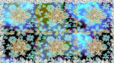 Sembol bayramı, yeni yıl kutlamaları, altın desenler. Kış kar dokusu duvar kağıdı. Noel altın kar tanesi kusursuz desen. Mavi renkte altın kar taneleri.