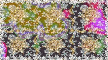 Hassas altın deseni açın. Doğu tarzı arabesk. Parlak dantel, stilize çiçekler, şal desenli. Kusursuz altın desenli bukleler. Raster. Gri renklerde, altın elementlerle kusursuz desen.