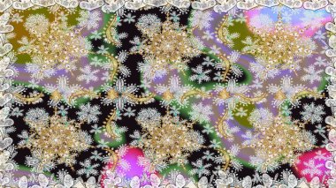 Kusursuz damaske klasik altın desen. Raster illüstrasyonu. Tekrarlayan elementlerle soyut arkaplan oluşturun. Gri renklerde altın ve altın elementler.