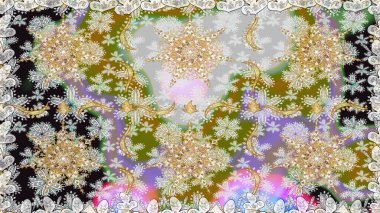 Hassas altın deseni açın. Doğu tarzı arabesk. Kusursuz altın desenli bukleler. Parlak dantel, stilize çiçekler, şal desenli. Raster. Gri renklerde, altın elementlerle kusursuz desen.