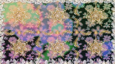 Raster altın tekstil baskısı. Kusursuz desenli oryantal süs. İslam tasarımı. Gri renkli ve altın elementli altın desenli. Çiçek karoları.