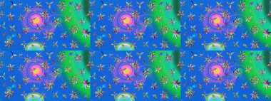 Tatil havası. Nazik romantik baskı. Raster güzel bir çiçek deseni çizmiş. Mavi ve yeşil renkli çiçekler. Bahar mevsimi.