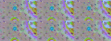 Raster illüstrasyonu. Renkli Bahar Teması eskiz kalıbı. Düz Çiçek Elementleri Tasarımı. Güzel kumaş deseni. Çiçek desenli çizim. Asya tekstil tarzında.