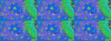 Tekstil, kumaş, ambalaj, hatıra defteri için hoş bir çiçek arkaplanı. Mavi ve yeşil arka planda. Çocuksu tasarım. Elle çizilmiş karalama çiçekleri ile Raster çizim deseni.