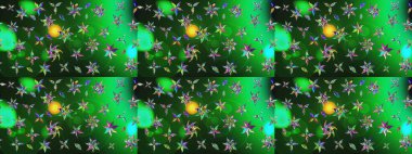 Raster illüstrasyonu. Yeşil ve gri renklerde bahar çiçekleri. Raster çiçek desenli ve çiçekli..