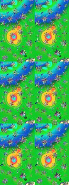 Yeşil ve mavi renkte güzel çiçekler, suluboya desenli, duvar kağıdı, kart ya da kumaş için fayanslı eskizler. Raster..