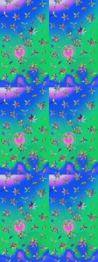 Mavi ve yeşil renkte etnik çiçeklerle süslenmiş zarif bir eskiz şekli. Raster Çiçek İllüstrasyonu güzel tekstil..