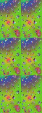 Halk tarzı. Modern çiçek arkaplanı. Parlak renkli çiçekleri ve yeşil ve menekşe rengi yaprakları olan harika bir çiçek deseni. Moda baskıları için zarif bir şablon.