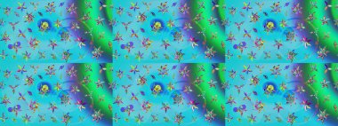 Çiçekli karalama şeklinde Raster çiçek deseni. Mavi ve yeşil renkli çiçekler. Yumuşak, bahar çiçekli arka plan.