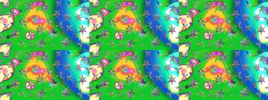 Yeşil ve mavi renkli etnik çiçekli zarif eskiz deseni. Raster Çiçek İllüstrasyon Şirin Tekstil.