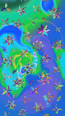 Mavi ve yeşil renkli çiçekler. Düz Çiçek Elementleri Tasarımı. Renkli Yaz Temalı eskiz kalıbı. Sevimli çiçek raster deseni.