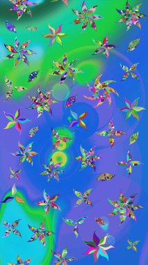 Raster Güzel kumaş deseni. Raster suluboya deseni, narin çiçekler, mavi ve yeşil çiçekler, tebrik kartı şablonu..