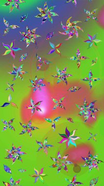 Yeşil ve mor renkli çiçekler. Düz Çiçek Elementleri Tasarımı. Renkli Bahar Teması eskiz kalıbı. Raster illüstrasyonunda çiçek deseni çizimi.