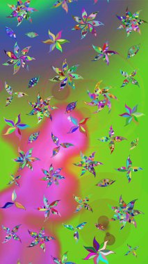 Raster Illustrasyon 'daki Çiçek Deseni' nin son moda çizimi. Düz Çiçek Elementleri Tasarımı. Renkli Yaz Temalı eskiz kalıbı. Yeşil ve mor renkte çiçekler.