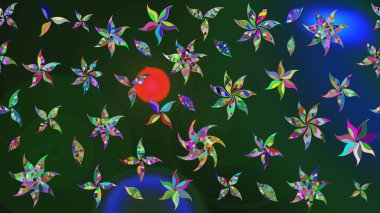 Şatafatlı bahar bahçesi dokusu. Mavi ve yeşil renkli çiçekler. Çiçek deseni. Mavi ve yeşil renkte çiçek çizimi. Raster illüstrasyonu.