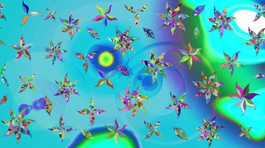 Raster illüstrasyonu. Mavi ve yeşil renkli çiçekler. Çizim çiçek deseni duvar kağıdı için kullanılabilir.