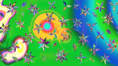 Yeşil ve mavi renkli Asya tekstili. Raster illüstrasyonu. Çiçek desenini çiz.