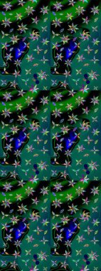 El çizimi çiçek unsurları olan soyut çizim raster deseni. 1950-1960 motifleri. Çiçekli ipek eşarp. Retro tekstil tasarım koleksiyonu. Yeşil ve mavi, yeşil ve mavi.