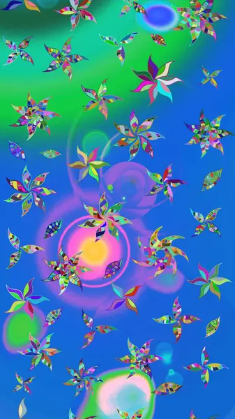 Dallı bahar çiçekleri ile desen, mavi ve yeşil renkler ile çiçek silueti. Raster deseni.