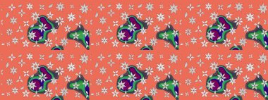 Kumaş, tekstil, duvar kağıdı baskısı için. Renkli desenli eskiz deseni, turuncu ve nötr çiçekler ve dekoratif elementler. Eskiz geçmişi. Raster illüstrasyonu. Antika retro tarzı.