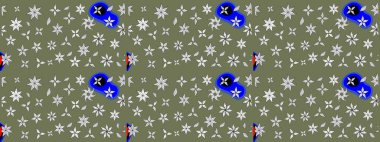 Çok yeşil ve beyaz zarif küçük çiçekler ve yeşil ve beyaz renkli komik böcekler, raster desen, illüstrasyon.