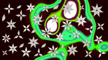 Küçük çiçekte hoş bir çiçek deseni var. Parlak çiçekli siyah ve yeşil renkler üzerine soyut çizim deseni. Çiçek elementli zarif raster dokusu..