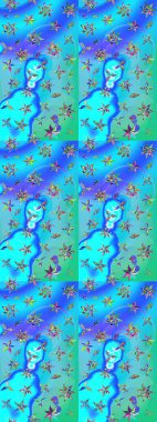 Şirin çiçekli eskiz deseni ve mavi ve yeşil renkli yapraklar, suluboya çiçek deseni, duvar kağıdı, kart ya da kumaş için fayanslı. Raster illüstrasyonu.