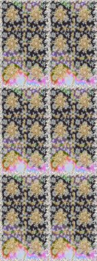 Raster illüstrasyonu. Dekoratif simetri arabesk. Kusursuz ortaçağ çiçek deseni. Gri renklerde altın. Doğum günü, davetiye ya da afiş için tebrik kartı.