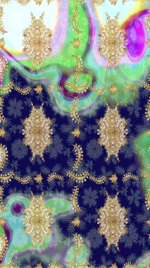 Barok tarzında eskiz oryantal süsü. Geleneksel altın sarısı desenli mavi renkli ve altın elementli.