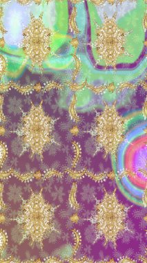 Altın elementlerle nötr renklerde altın desen. Raster altın tekstil baskısı. Eskiz desenli oryantal süs. İslam tasarımı. Çiçek karoları.