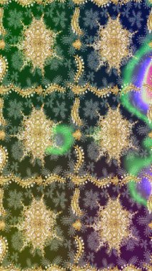 Doku arka planında altın duvar kâğıdı. Yeşil renklerdeki altın element. Damask çizimi tekrarlanıyor. Barok tarzında altın çiçekli süs..