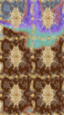 Damask arkaplanı. Altın çiçekli eskiz deseni. Barok tarzında altın çiçekli süs. Kahverengi renklerdeki altın element.