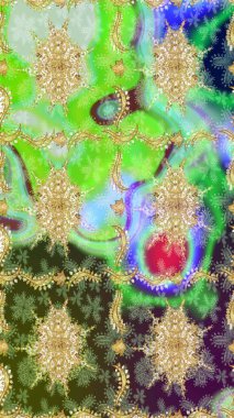 Antika altın tekrarlanabilir duvar kağıdı. Yeşil renklerdeki altın element. Barok tarzında altın çiçekli süs. Şam çizimi tekrarlanan desen.