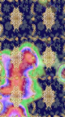 Damask çizimi tekrarlanıyor. Doku arka planında altın duvar kâğıdı. Barok tarzında altın çiçekli süs. Mavi renklerdeki altın element.