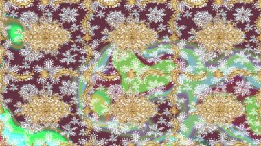 Doku arka planında altın duvar kâğıdı. Damask çizimi tekrarlanıyor. Tarafsız renklerde altın element. Barok tarzında altın çiçekli süs..