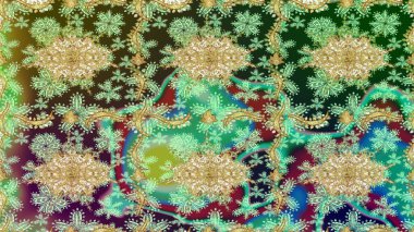 2019 Noel 'i, kar tanesi, yeni yıl. Altın elementli yeşil renkte klasik eskiz deseni.