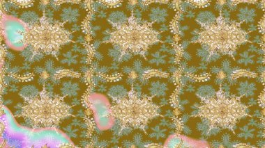 Paisley 'ler zarif çiçek desenli eskiz arka plan duvar kâğıdı çizimi klasik stil, modern 3D çizgili sanat eseri altın ve kahverengi desenli çiçek yaprakları ve süslemeleri..