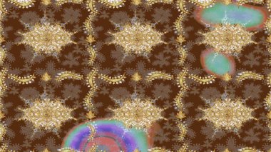 Arkaplan, kumaş, altın duvar kağıdı. Kahverengi renklerde altın desenler ve altın elementler. Raster Golden eskiz kalıbı. Düz elle çizilmiş vintage koleksiyonu.