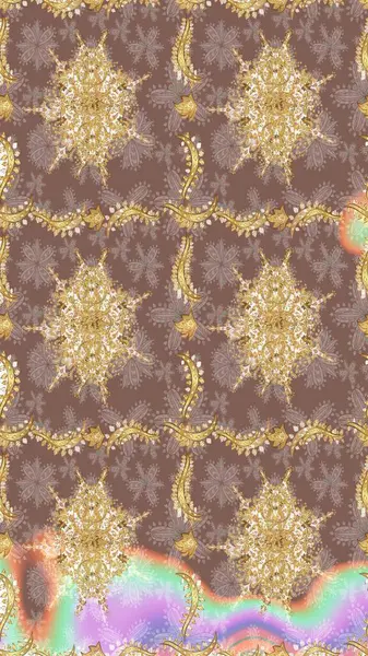 Altın şablonu çiz. Kahverengi renkli ve altın elementli eskiz deseni. Raster doğulu süsü.