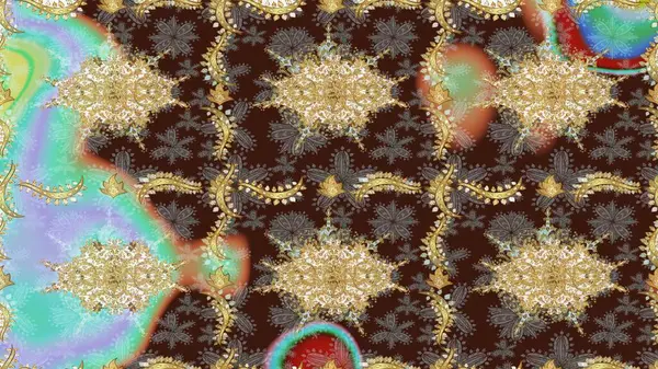 Çiçek süsü kumaş deseni, cam, altın elementlerle kahverengi renklerde çiçek desenli metal. Klasik Raster altın eskiz modeli..
