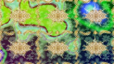 Altın elementlerle yeşil renklerde altın desen. Geleneksel klasik altın desen. Raster oryantal süs. Barok tarzında eskiz doğulu süsü..