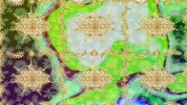 Barok tarzında eskiz oryantal süsü. Yeşil renkte altın elementler. Geleneksel klasik Raster altın çizim kalıbı.