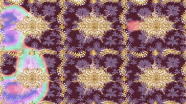 Kraliyet lüksü, altın barok kumaş rengi eskiz. Raster eskiz deseni altın antika çiçekli ortaçağ dekoratifi, yapraklar ve kahverengi renkli altın desenli süslemeler..