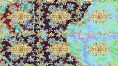 Davetiyeler, kartlar, web sayfası için Raster illüstrasyon. Altın desenli çiçek dekoru. Doğu tarzı element. Tasarım şablonu için çizgi çizimi sınırı. Tarafsız renklerde altın element.