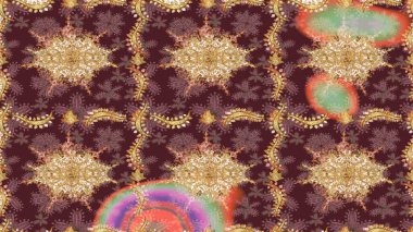 Raster eskiz deseni, altın antika ortaçağ dekoratifi, yapraklar ve kahverengi renkli altın desenli süslemeler. Kraliyet lüksü, altın barok kumaş rengi..